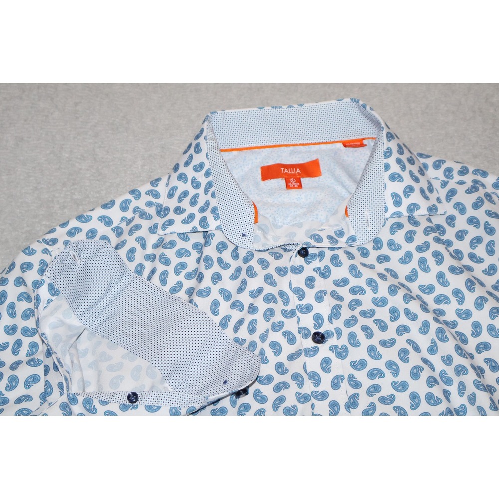 Tallia Performance Dress Shirt Mens Large 16.5 34/35 Stretch White Blue Paisley